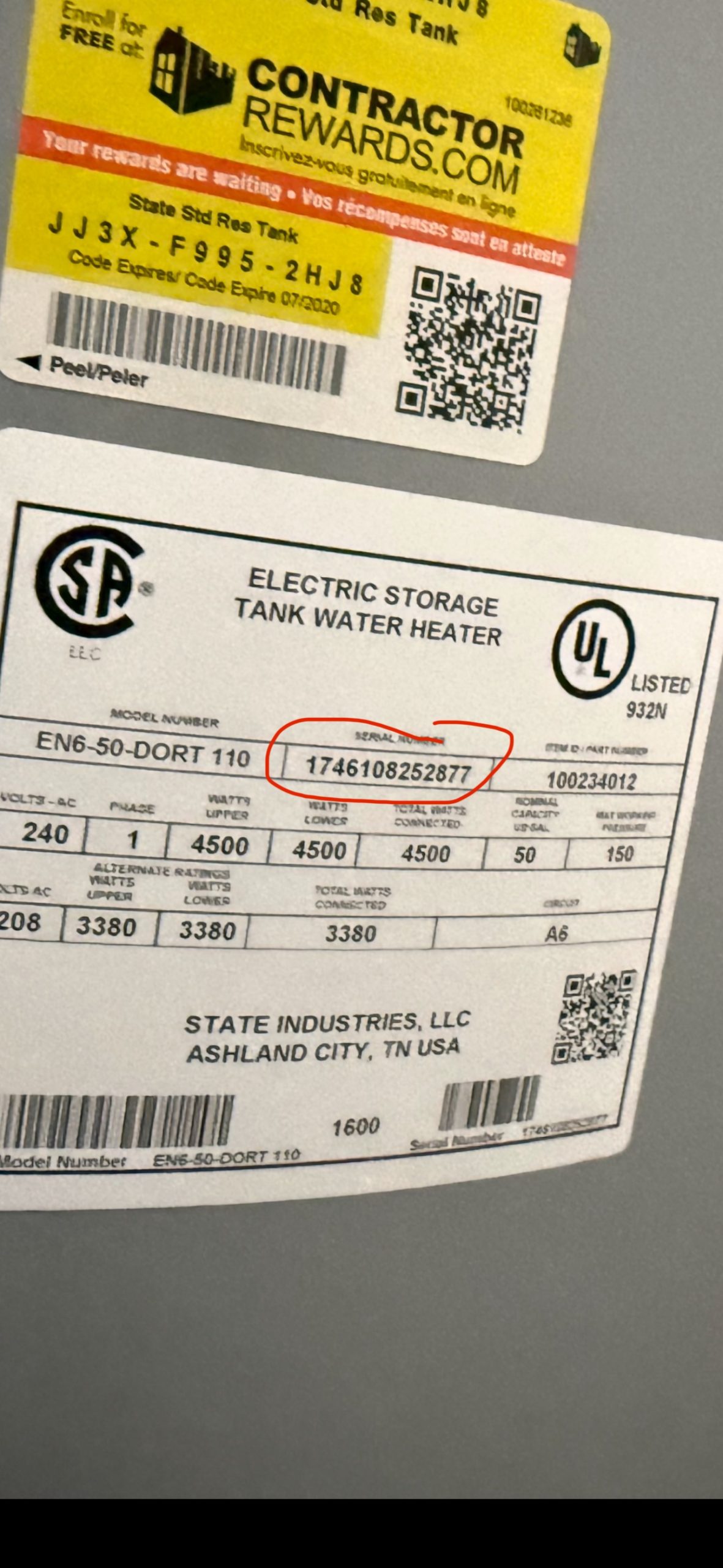 Water Heater Manufacturer's label